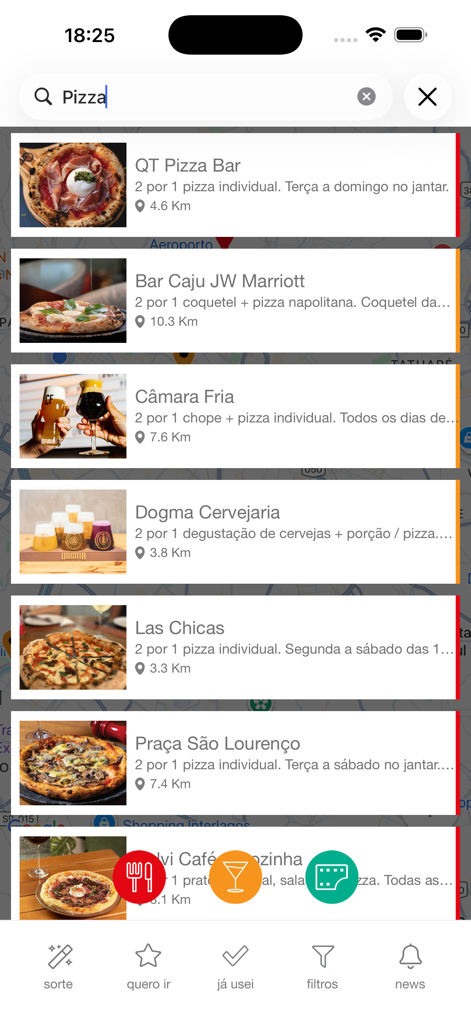 Risultati di ricerca dell'app mobile che mostrano offerte di pizza "prendi uno, il secondo è gratis" a São Paulo
