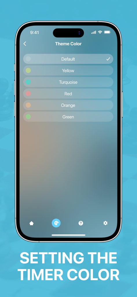 Chess Timer - Clock for Chess - Uma tela de smartphone exibindo opções de cores de tema para o aplicativo Cronômetro de Xadrez, incluindo amarelo e turquesa
