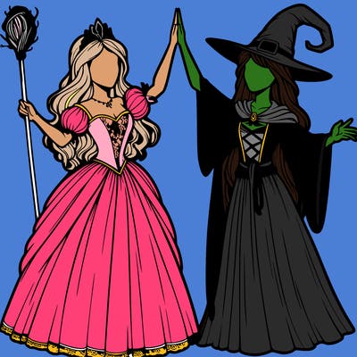 detailed realistic split of a princess and a witch