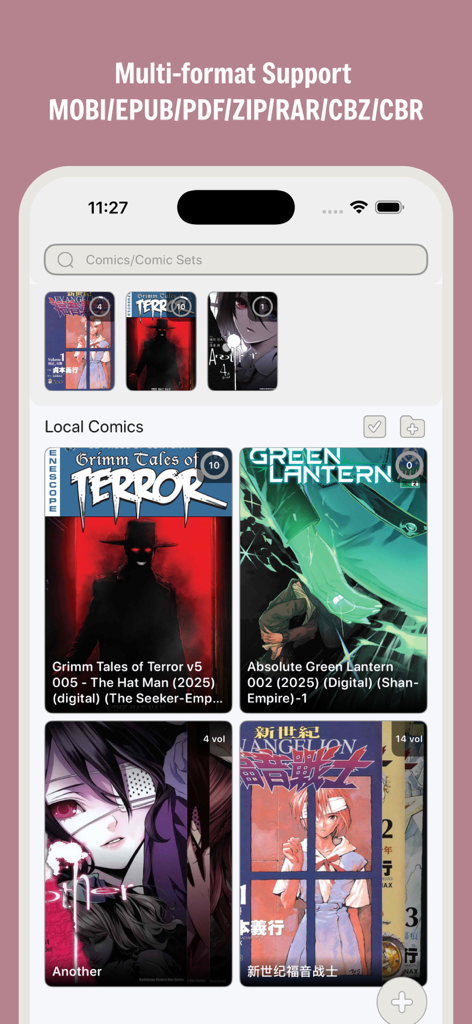 MMReader – AI Comic&Manga - A minimalist comic reader interface showing local manga collections and a list of supported file formats like MOBI, CBZ, and PDF.