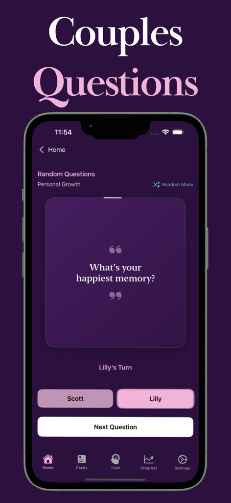 Couples Questions by Evermore - Pantalla de la app Evermore mostrando una tarjeta de preguntas para parejas preguntando cuál es tu recuerdo más feliz