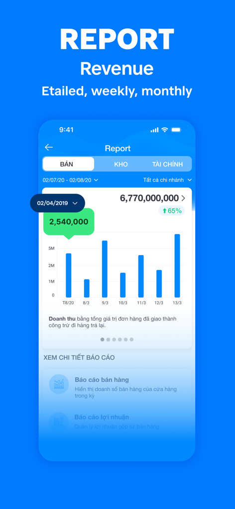 Sapo - Sales Management - Sapo sales management app showing a detailed revenue report with a visual bar chart