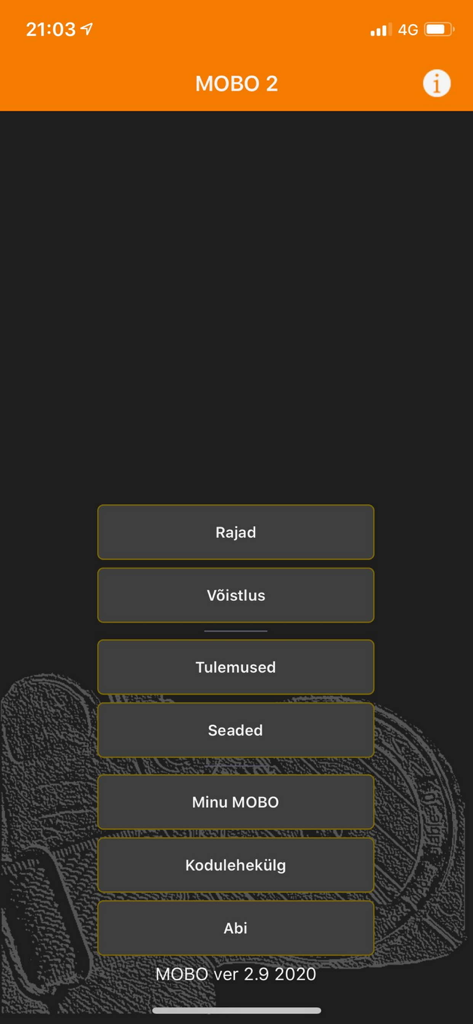 Main menu of the MOBO orienteering app showing navigation buttons in Estonian