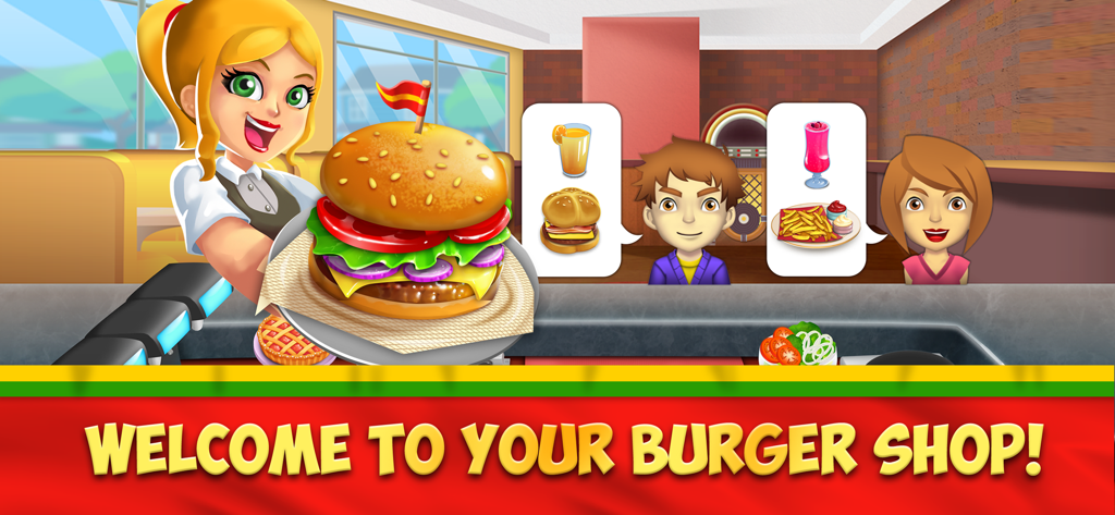 My Burger Shop 2 - 明るいカートゥーンのウェイトレスが、お客様が注文しているファストフードレストランで大きなハンバーガーを持っている