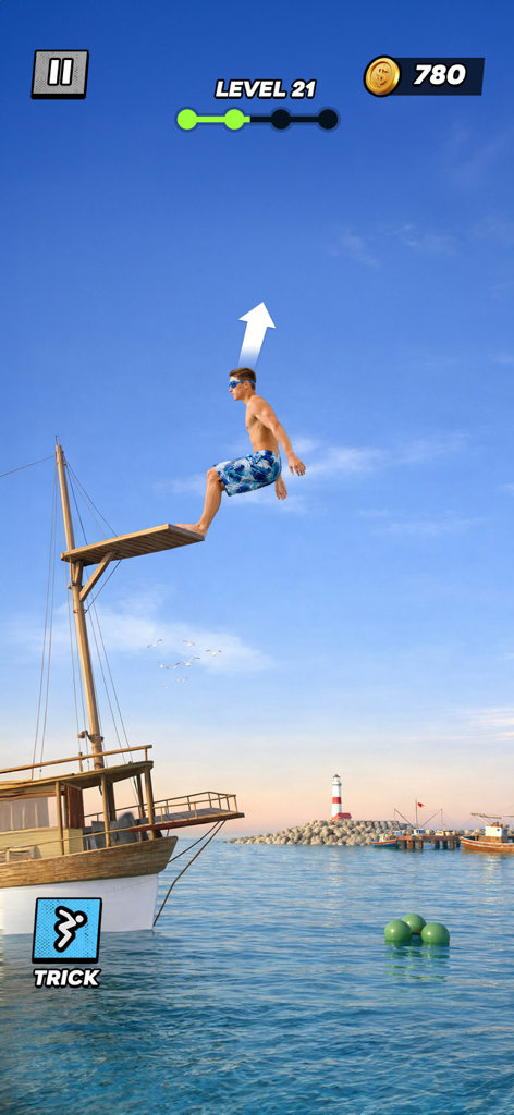 Backflip Mania - Character jumping from a boat diving board in Backflip Mania