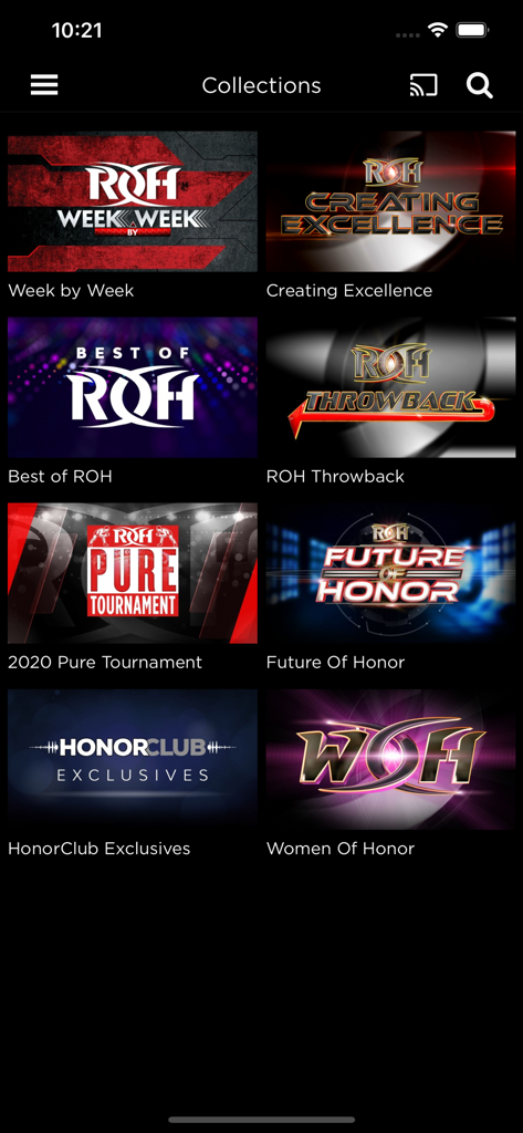 Ring of Honor - Ring of Honor app collections screen showing wrestling video categories and archives
