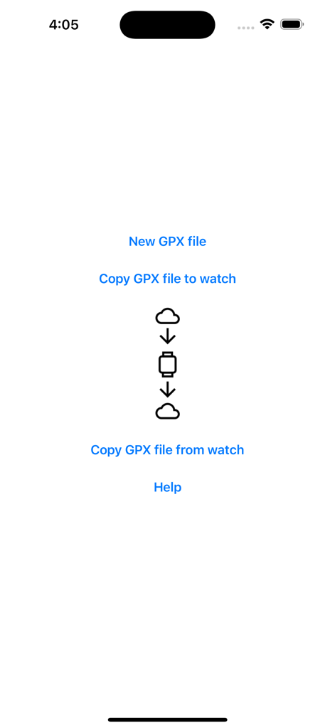 WristRoute Lite - WristRoute Lite mobile app screen showing options to transfer GPX files between iPhone and Apple Watch