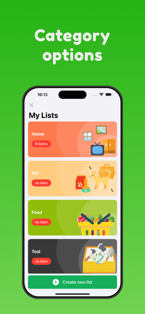 Tela do aplicativo móvel mostrando diferentes categorias de lista de compras, incluindo Casa, Comida para Animais e Ferramentas, com cartões e ícones coloridos