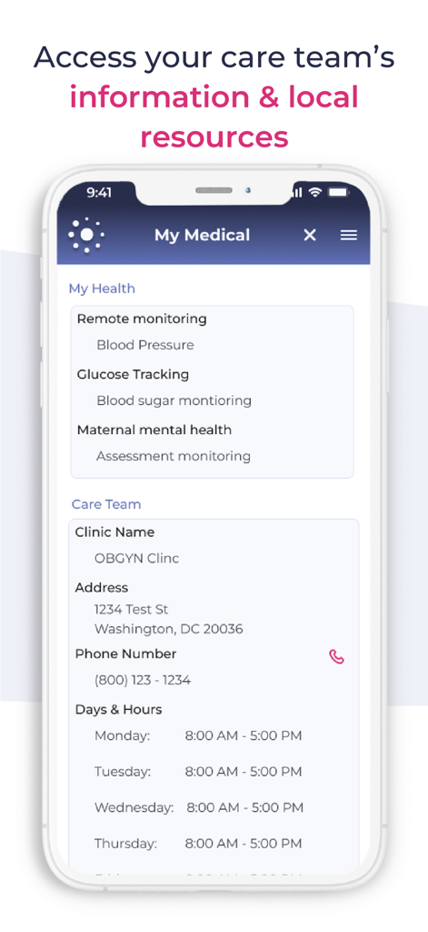 Screenshot of Babyscripts myJourney app displaying clinical contact information and health monitoring sections like blood pressure and glucose tracking
