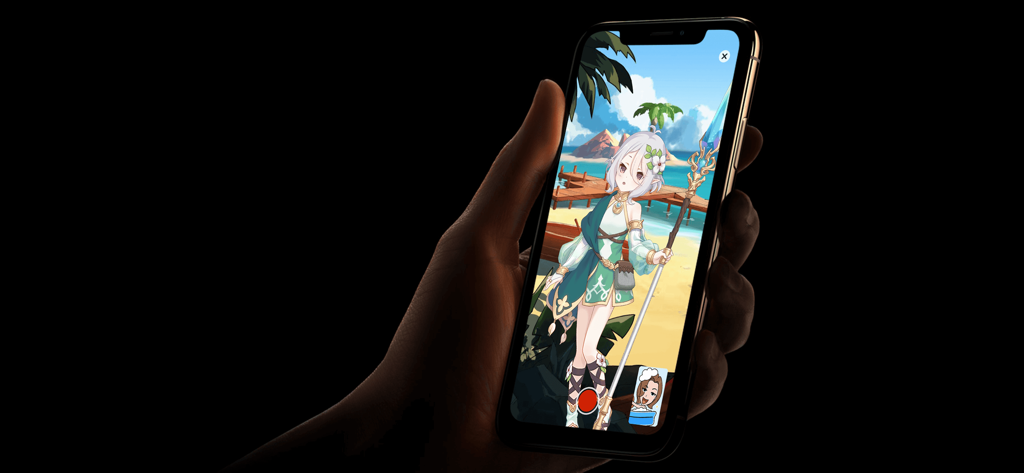 An iPhone displaying a live anime avatar with face tracking in a tropical beach setting.
