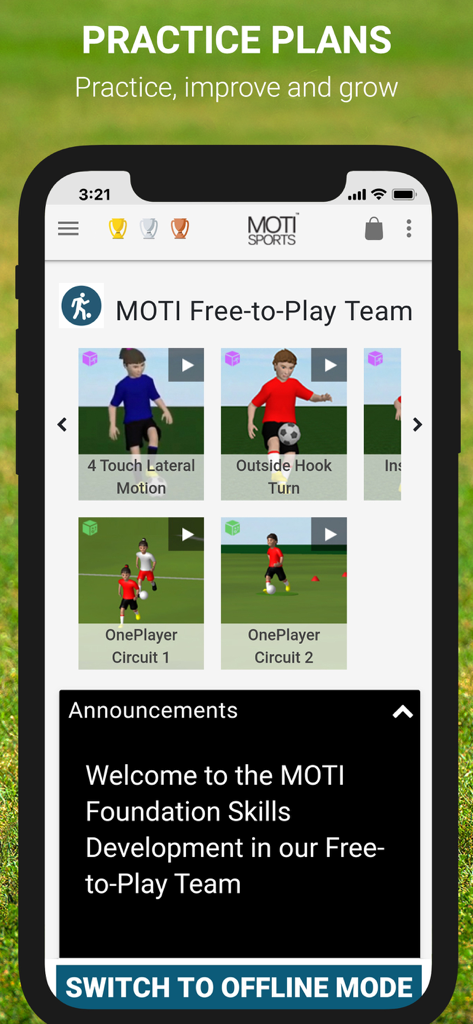 MOTI™ Soccer - The MOTI Soccer app interface showing a grid of 3D animated practice plans and soccer skill drills