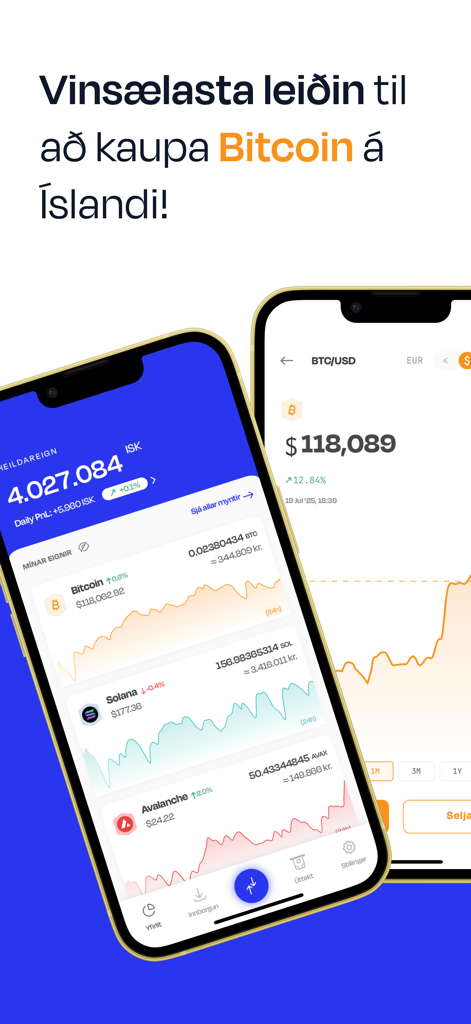The Myntkaup mobile app interface displaying a cryptocurrency portfolio and Bitcoin market charts