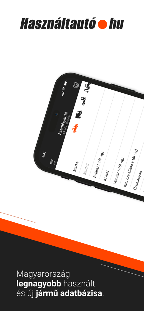 Használtautó - Interfaccia di ricerca dell'app mobile Hasznaltauto che mostra categorie di veicoli e filtri per auto usate in Ungheria