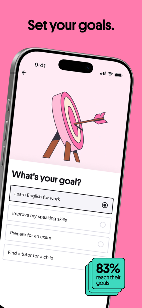 Preply - Language Learning App - ビジネス英語や試験対策など、言語学習の目標を設定するオプションが表示されたPreplyアプリ画面。
