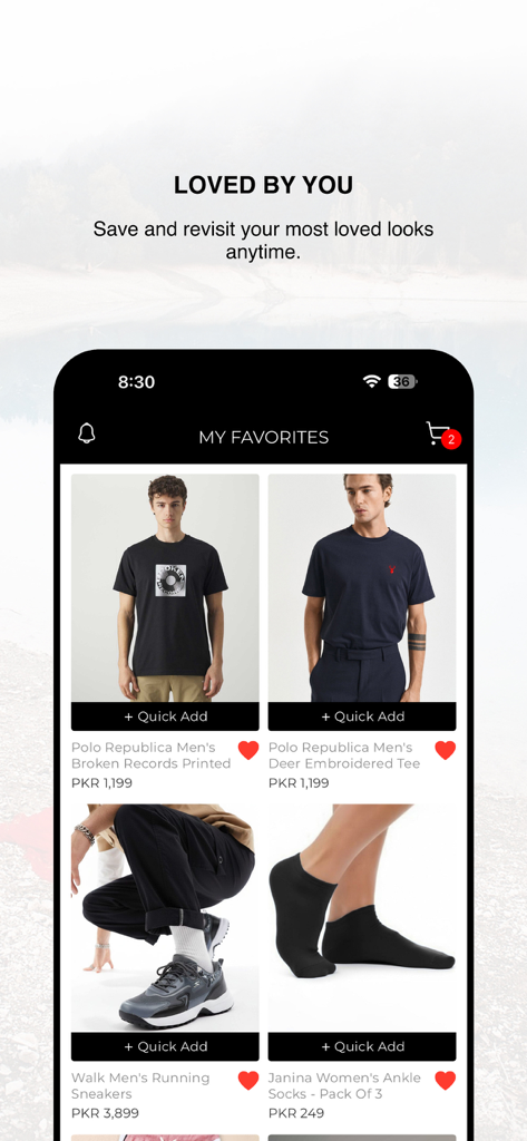 elo Shopping App - Eine mobile Oberfläche der elo App, die den Bereich 'Meine Favoriten' mit gespeicherten T-Shirts, Sneakern und Socken zeigt.