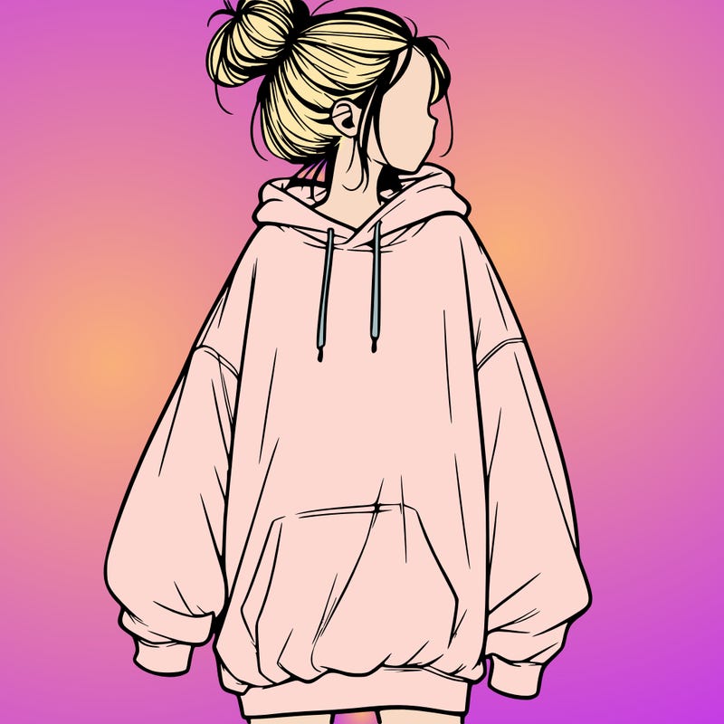 realistic girl with a oversized sweatshirt on and a bun