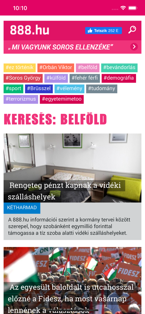 Interface of the 888.hu mobile app showing Hungarian news articles and political tags