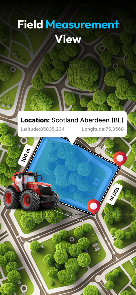 Field Navigator : Land Measure - Vista de medición de campo mostrando mapeo de área de terreno con coordenadas GPS y un tractor