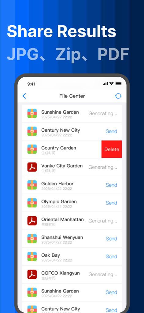MarkMaster-image meter measure - MarkMaster app file center displaying measurement projects with JPG Zip and PDF export options