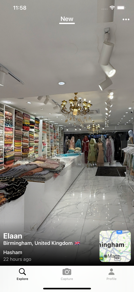 Teleport 360 Camera app explore feed showing a panoramic photo of a clothing store interior