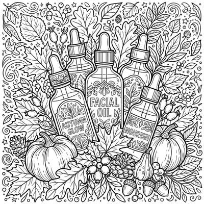 Immerse yourself in the cozy spirit of autumn with this detailed coloring page featuring elegant facial oil bottles amidst a rich harvest of seasonal elements. This intricate design offers a delightful escape, perfect for those who appreciate both natural beauty and the comforting embrace of fall.