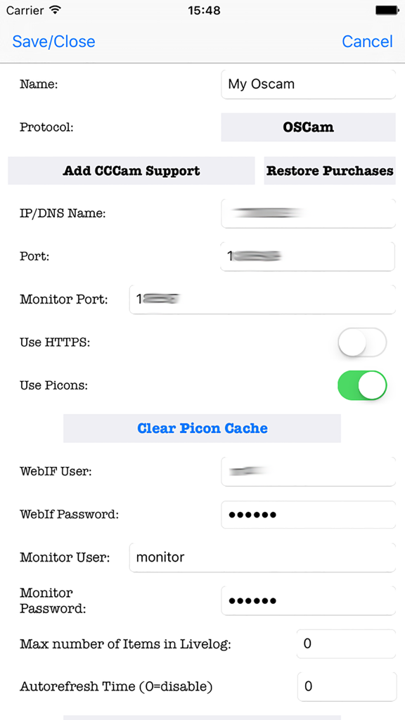 OSCam Viewer - Écran des paramètres du serveur dans OSCam Viewer pour configurer les détails du réseau et des utilisateurs