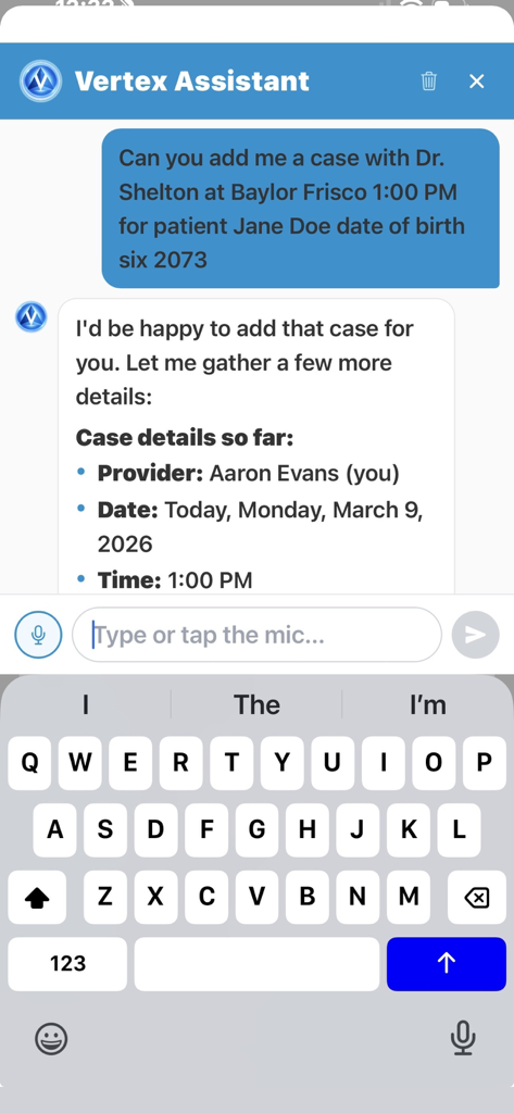 Vertex Medical Solutions - Vertex Assistant interface for medical case management and scheduling.