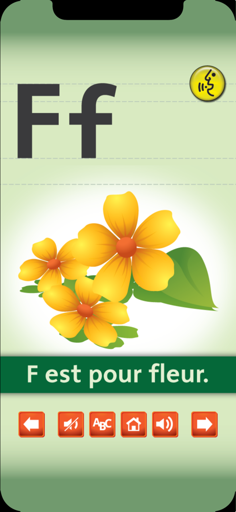 Una flashcard educativa francese che mostra la lettera F con un'illustrazione di fiori gialli e la frase F est pour fleur