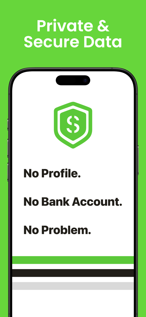 App screen emphasizing private and secure data tracking without a profile or bank account connection.