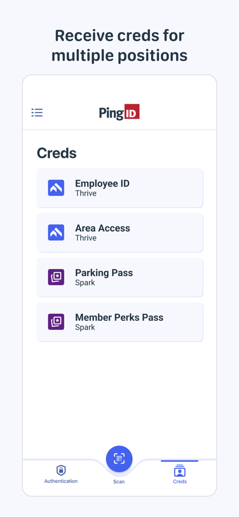 PingID mobile app interface showing a digital wallet with various credentials including employee ID and parking pass.