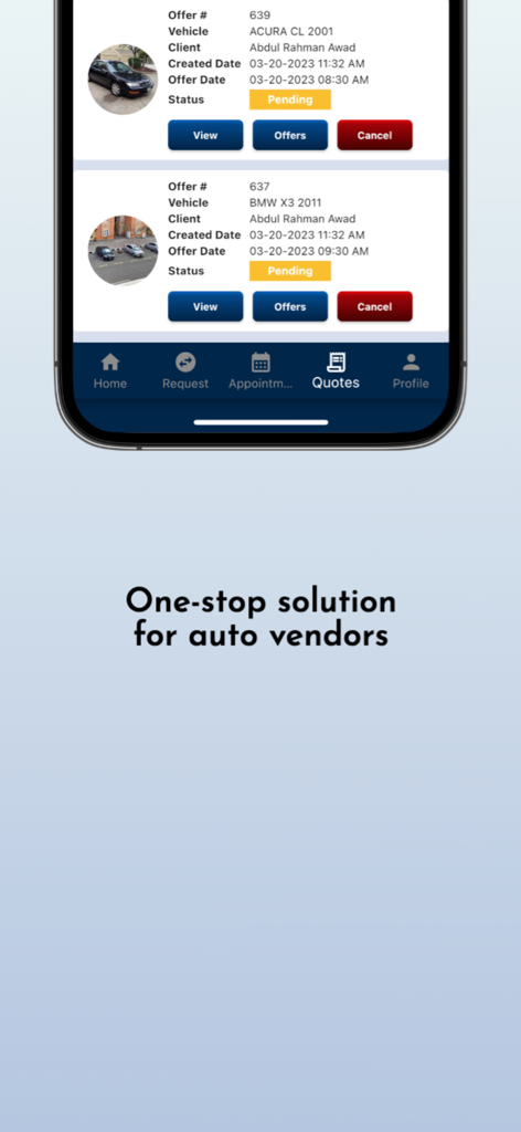 My Car App Vendor - Mobile app interface for auto vendors showing pending service quotes for vehicles