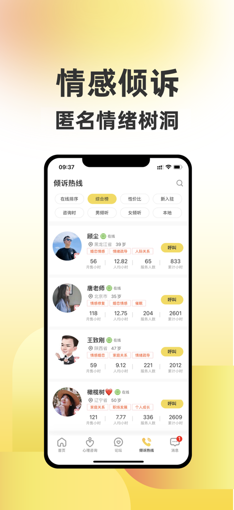 给力心理-十年在线心理咨询情感倾诉平台 - Mobile screen showing a list of professional listeners for anonymous emotional venting in the Geli Psychology app