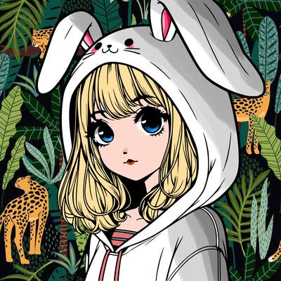 realistic girl wearing a bunny hoodie