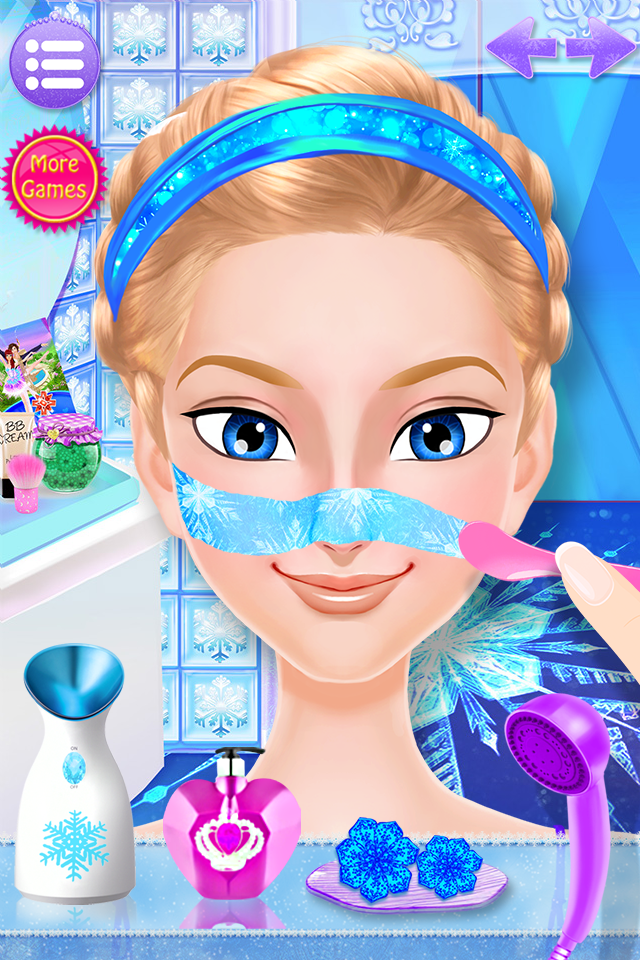 Ice Queen getting a facial spa treatment in a frozen themed beauty salon