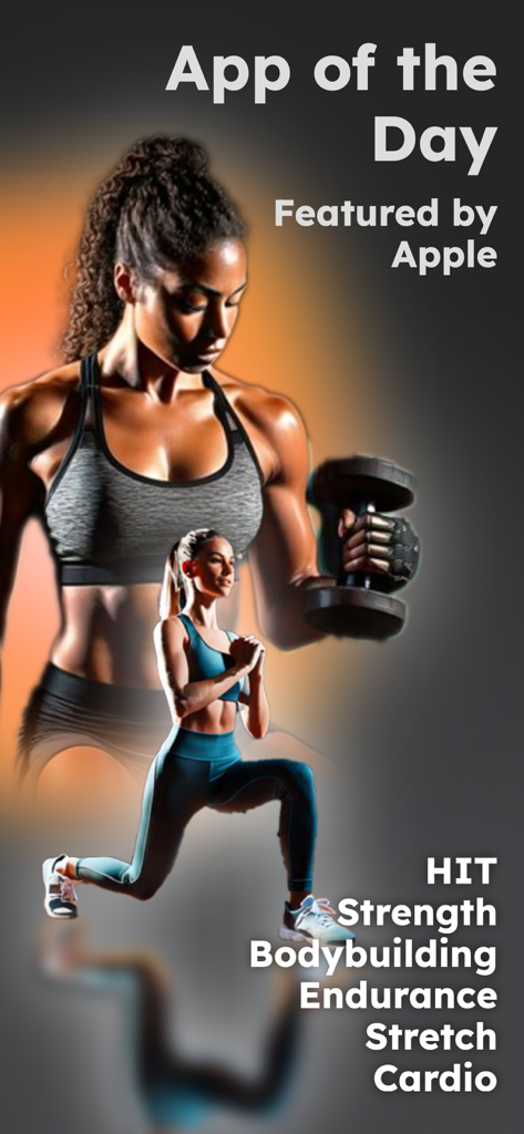 Gym Workout Tracker Planner AI - Gráfico promocional de la aplicación rastreadora de ejercicios Gymnotize presentada como App del Día de Apple mostrando mujeres entrenando