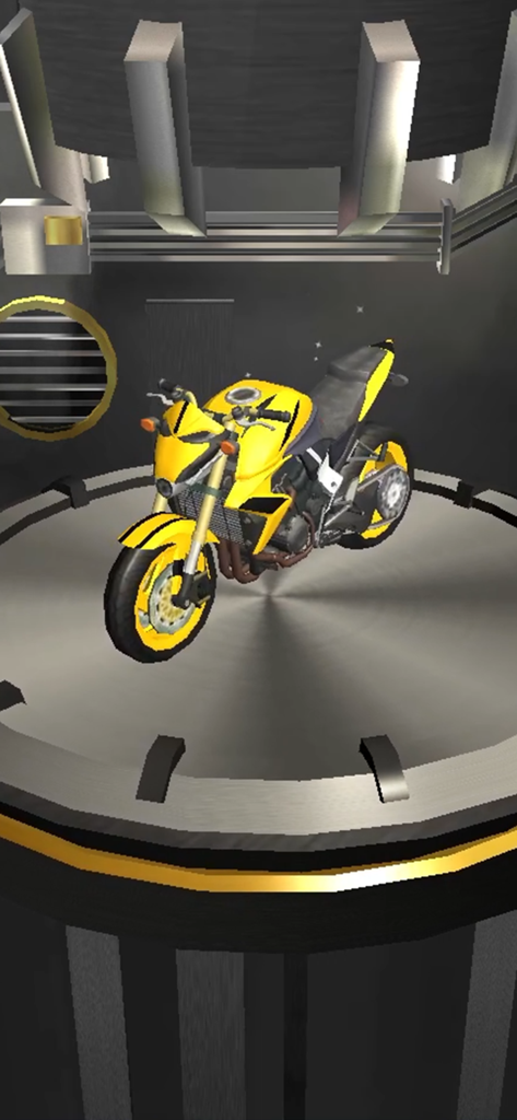 Bike Rider - Moto Race - A yellow racing motorcycle on a circular display platform in a garage setting.