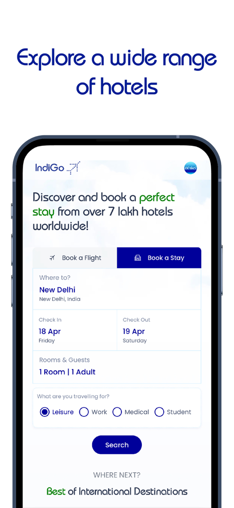 Interfaccia dell'app IndiGo per la prenotazione di hotel con opzioni per la selezione della città, le date e lo scopo del viaggio