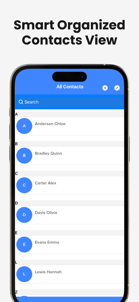 Contact.s Back Up - Una lista alfabética organizada de contactos que se muestra en la pantalla de un iPhone dentro de la aplicación