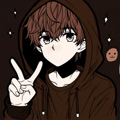 teenage manga boy in a hoodie, doing ✌