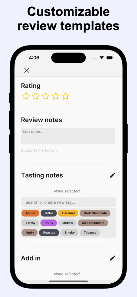 Memolli: all your reviews - Mobile app interface showing a customizable review form with star ratings and selectable flavor tags like caramel and fruity