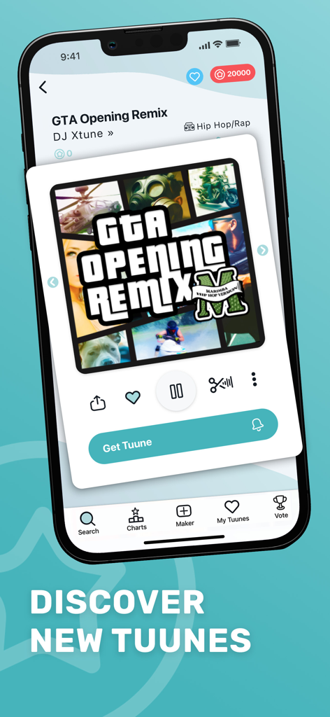 GTA 리믹스 벨소리가 있는 Tuunes 앱 탐색 인터페이스를 표시하는 iPhone 화면