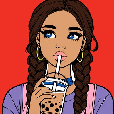 realistic girl with braided hair drinking boba