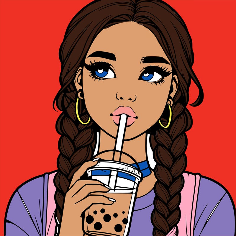 realistic girl with braided hair drinking boba