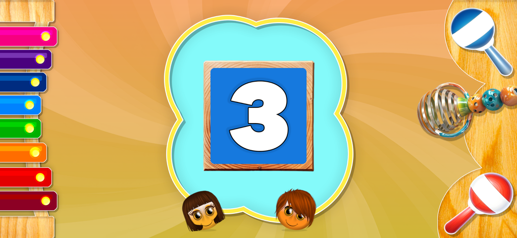 ABCs Song - Écran éducatif de l'application ABCs Song montrant le chiffre trois avec des instruments de musique colorés pour les tout-petits