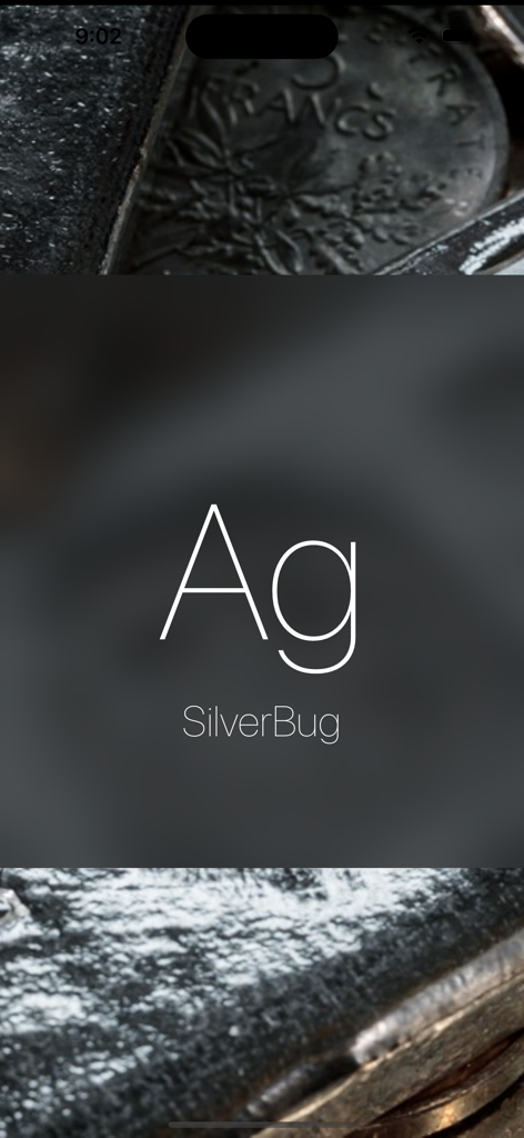 SilverBug app splash screen with the chemical symbol for silver and silver coins