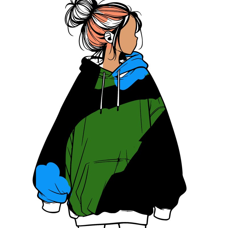 realistic girl with a oversized sweatshirt on and a bun