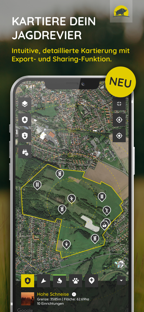 Jagdwetter - Jagdwetter app screenshot showing a satellite map of a hunting territory with marked stands and property boundaries