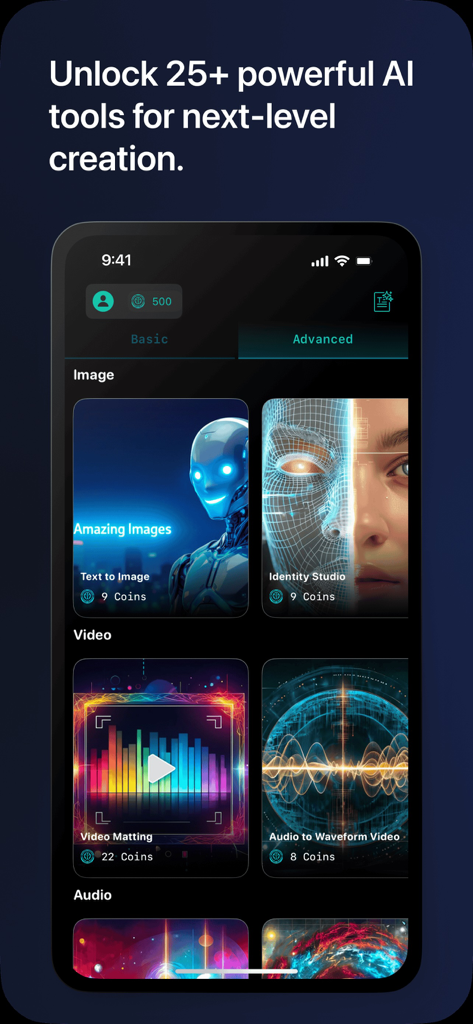 GenAI Hub app interface displaying various AI generation tools for image video and audio
