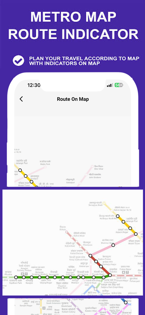 Screenshot of Delhi Metro app showing the route map indicator feature with station names and color-coded lines