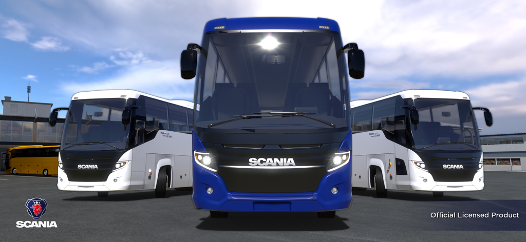 Three officially licensed Scania buses featured in the mobile game Bus Simulator Ultimate
